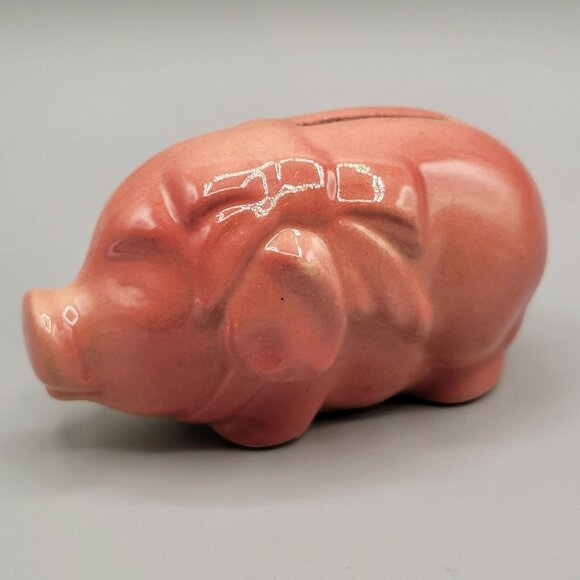 Pink Sow Pig Hog Piggy Bank Ceramic Bow Around Neck Vintage - Picture 1 of 8